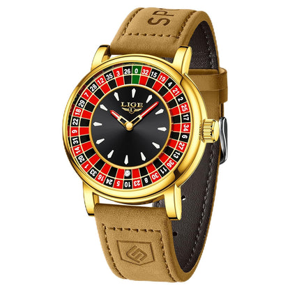 HOTMens Watches,Unique Roulette Style Quartz Analog Watch,45MM Big Face Alloy Waterproof Glowing Watch for Men,Exquisite and Durable Leather Strap,Casual Fashionable Men's Wrist Watches