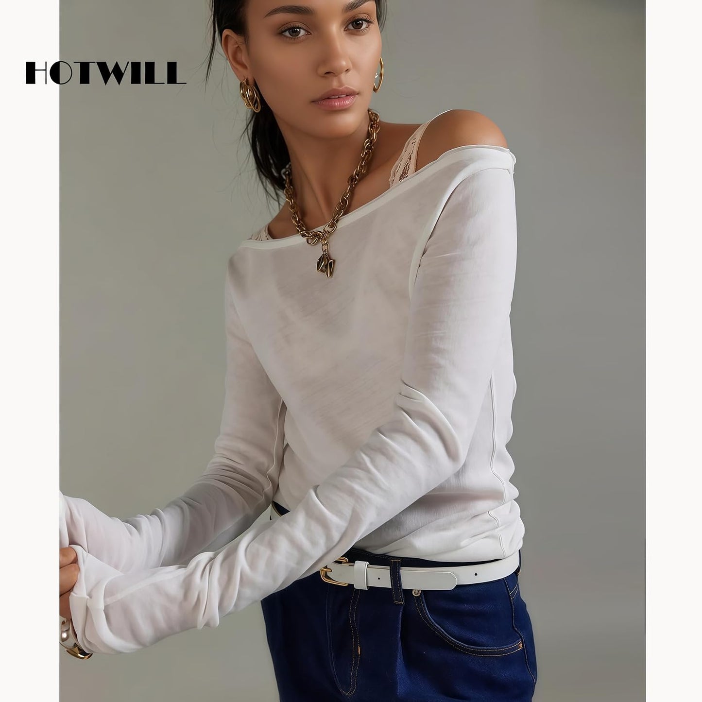 HOTHOTWILL 4 Pack Women Skinny Belts for Jeans Dress Thin Waist Belt | 0.55 in Wide, Black Beige Brown White Faux Leather, Gold Silver Buckle, Fashion Casual Style, Daily Outfits Accessories