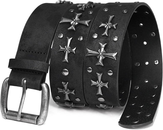 HOTblu&ben Studded Belt for Women, Y2K Punk Rock Belts with Metal Cross Rivet | Emo Stud Waistband for Jeans Pants, Gothic Grunge Strap for Men