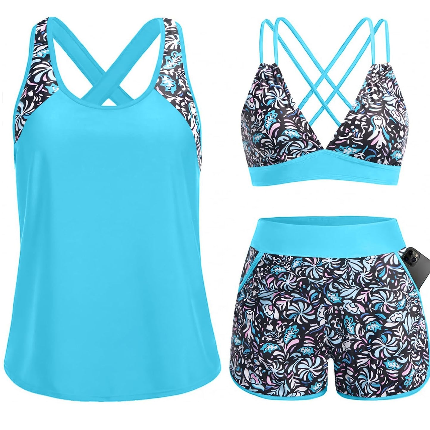 HOTWomen's 3 Piece Tankini Swimsuit Tummy Control with Bra Pocket Boy Shorts | Modest Bathing Suit, Athletic Style, Strappy-Back Support, High-Waist Fit, Built-In Brief, Side Pockets, Beach Swim Days
