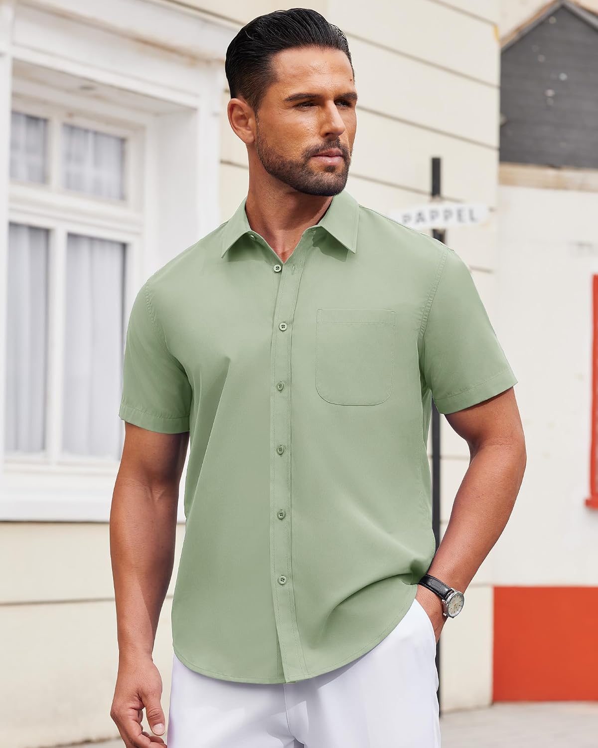 HOTAlimens & Gentle Men's Short Sleeve Dress Shirts Wrinkle Free Untucked Casual Button Down Shirt