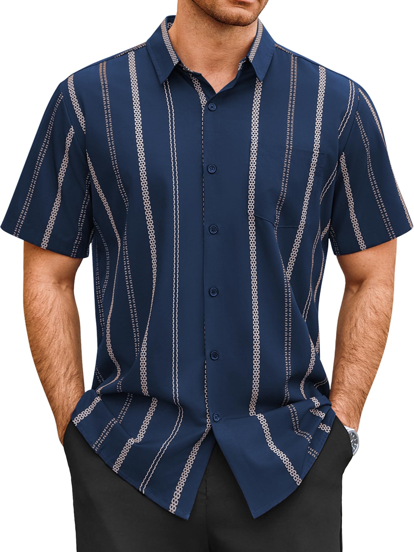 HOTHardaddy Men's Casual Striped Shirts Button Down Short Sleeve Blouse Summer Hawaiian Shirt