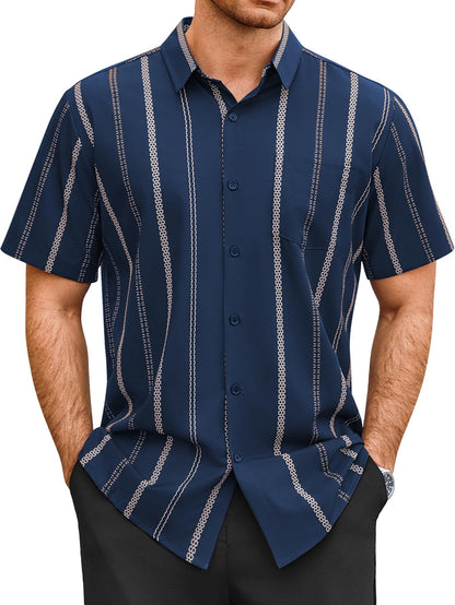 HOTHardaddy Men's Casual Striped Shirts Button Down Short Sleeve Blouse Summer Hawaiian Shirt