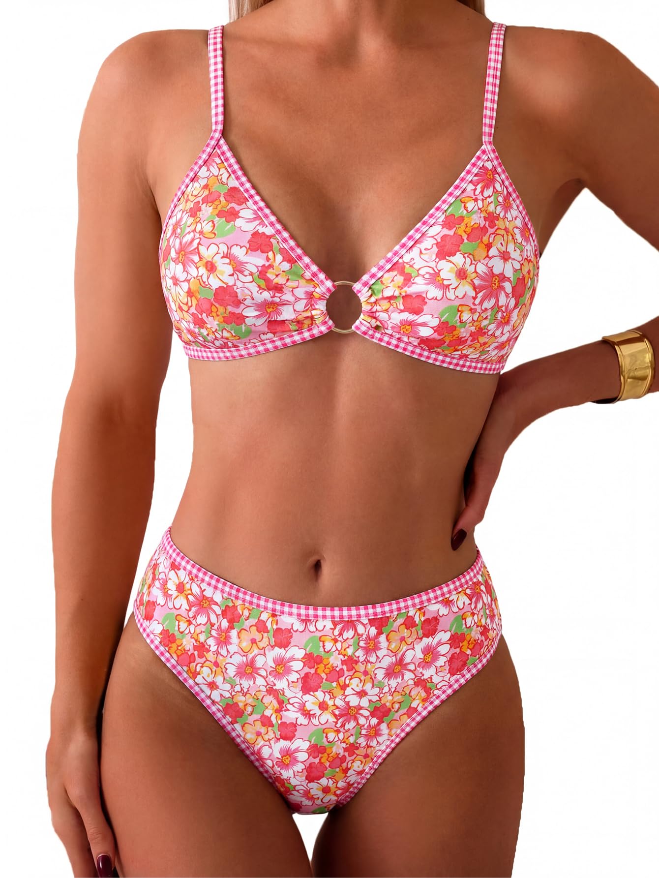 HOTTainehs Women's Two Piece Bikini Sets O Ring Front Top Ditsy Floral Triangle Swimsuits Cheeky Bathing Suit