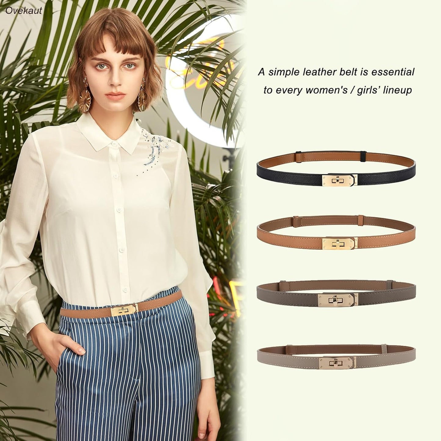 HOTOvekaut Women Skinny Leather Belt Solid Color Alloy Turn Lock Adjustable Waistband for Dresses Jeans Coats