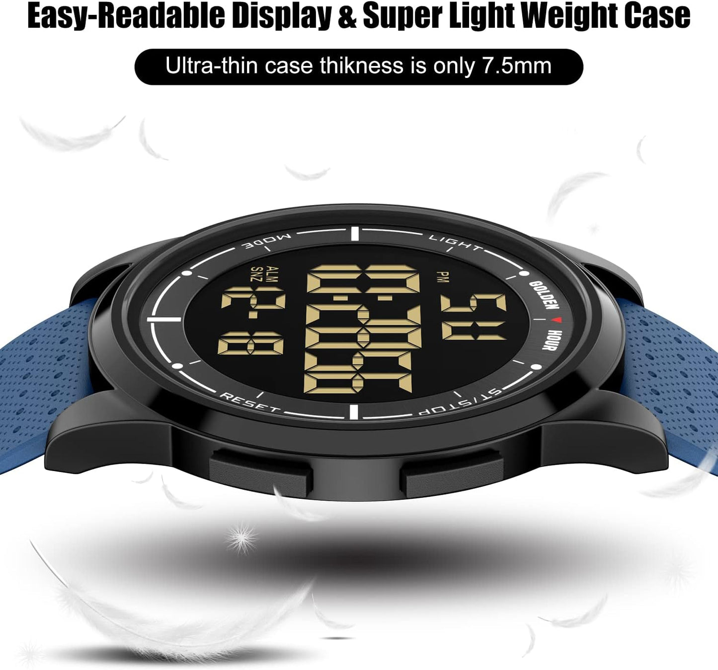 HOTGOLDEN HOUR Ultra-Thin Minimalist Sports Waterproof Digital Watches Men with Wide-Angle Display Rubber Strap Wrist Watch for Men Women