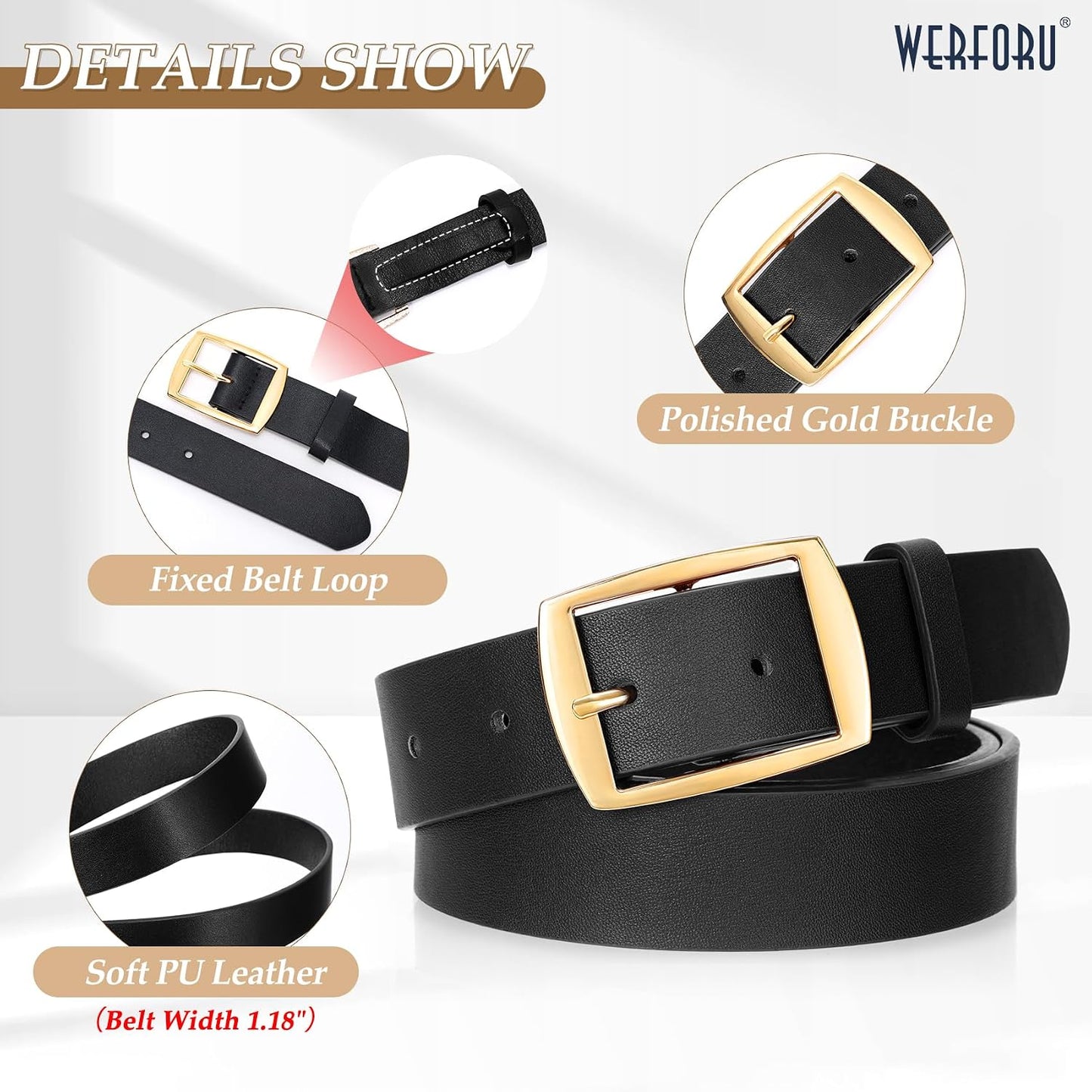 HOTWERFORU 2 Pack Women Leather Belts for Jeans Pants Fashion Leather Belts for Women Waistband with Gold Pin Buckle