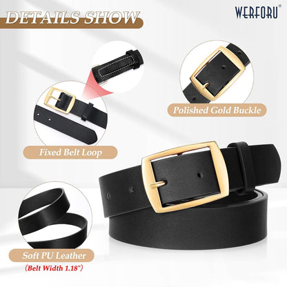 HOTWERFORU 2 Pack Women Leather Belts for Jeans Pants Fashion Leather Belts for Women Waistband with Gold Pin Buckle