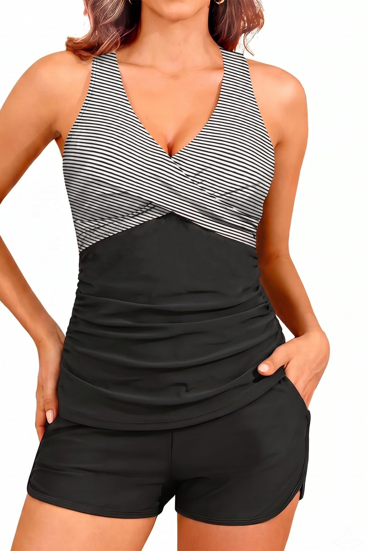HOTWomen Tankini Swimsuits with Shorts Two Piece Tummy Control Bathing Suits | Two Pockets,Tummy Control,Built-in Brief,Quick Dry,Removable Cups,High Waisted Short