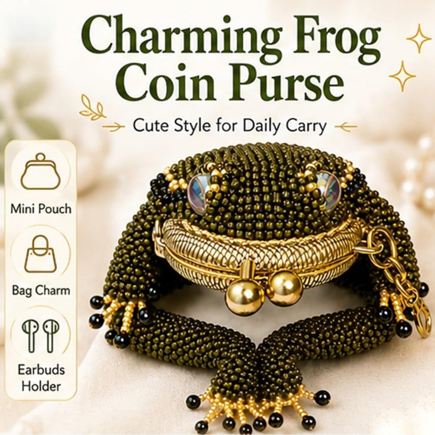 HOTCharming Frog Coin Purse, Kiss Lock Small Pouch for Earbuds Keychain Bag | Cute Amphibian Coin Holder with Beaded Detail, Mini Storage Pouch for Daily Carry Handbag Decoration