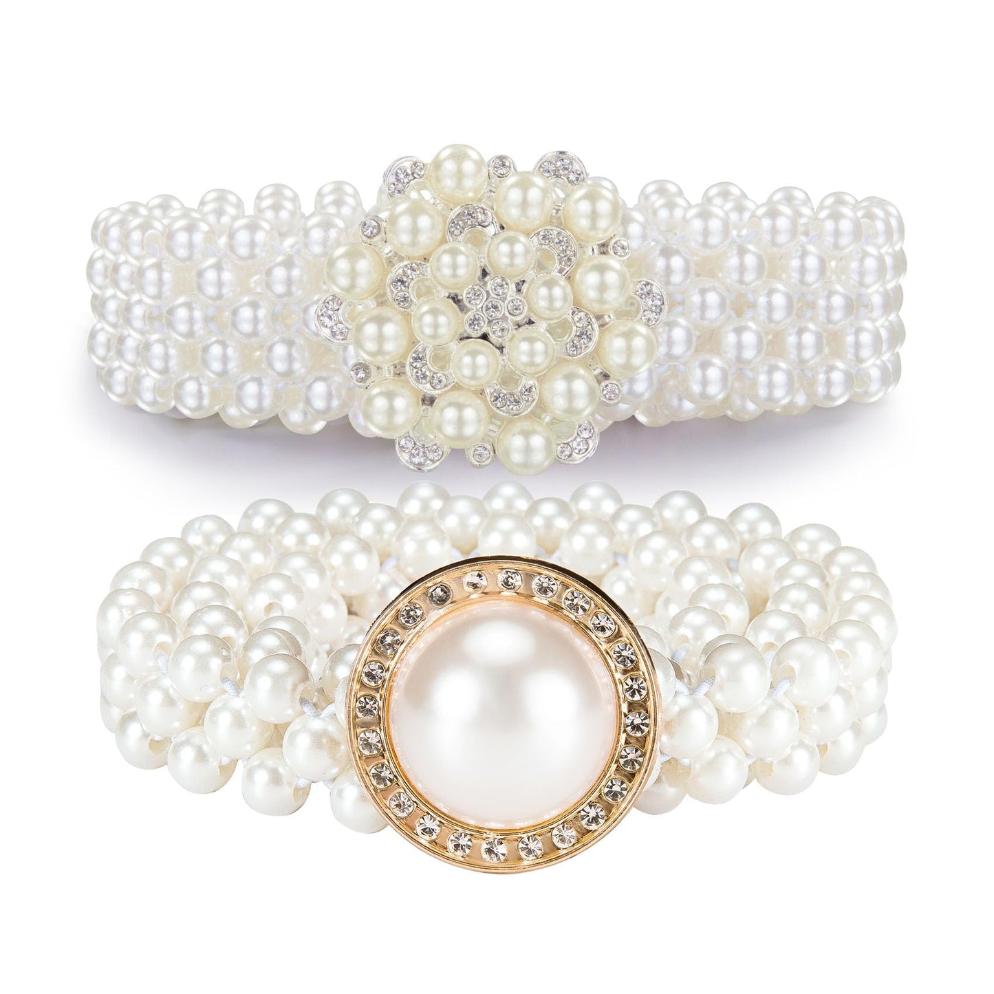 HOTDubulle Women's Pearl Belt Elastic White Waist Chain for Bridal Dress | Plus Size Belts Ivory Beige Silver Pearl Rhinestone Buckle Formal Wedding Ladies
