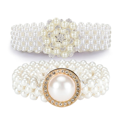 HOTDubulle Women's Pearl Belt Elastic White Waist Chain for Bridal Dress | Plus Size Belts Ivory Beige Silver Pearl Rhinestone Buckle Formal Wedding Ladies