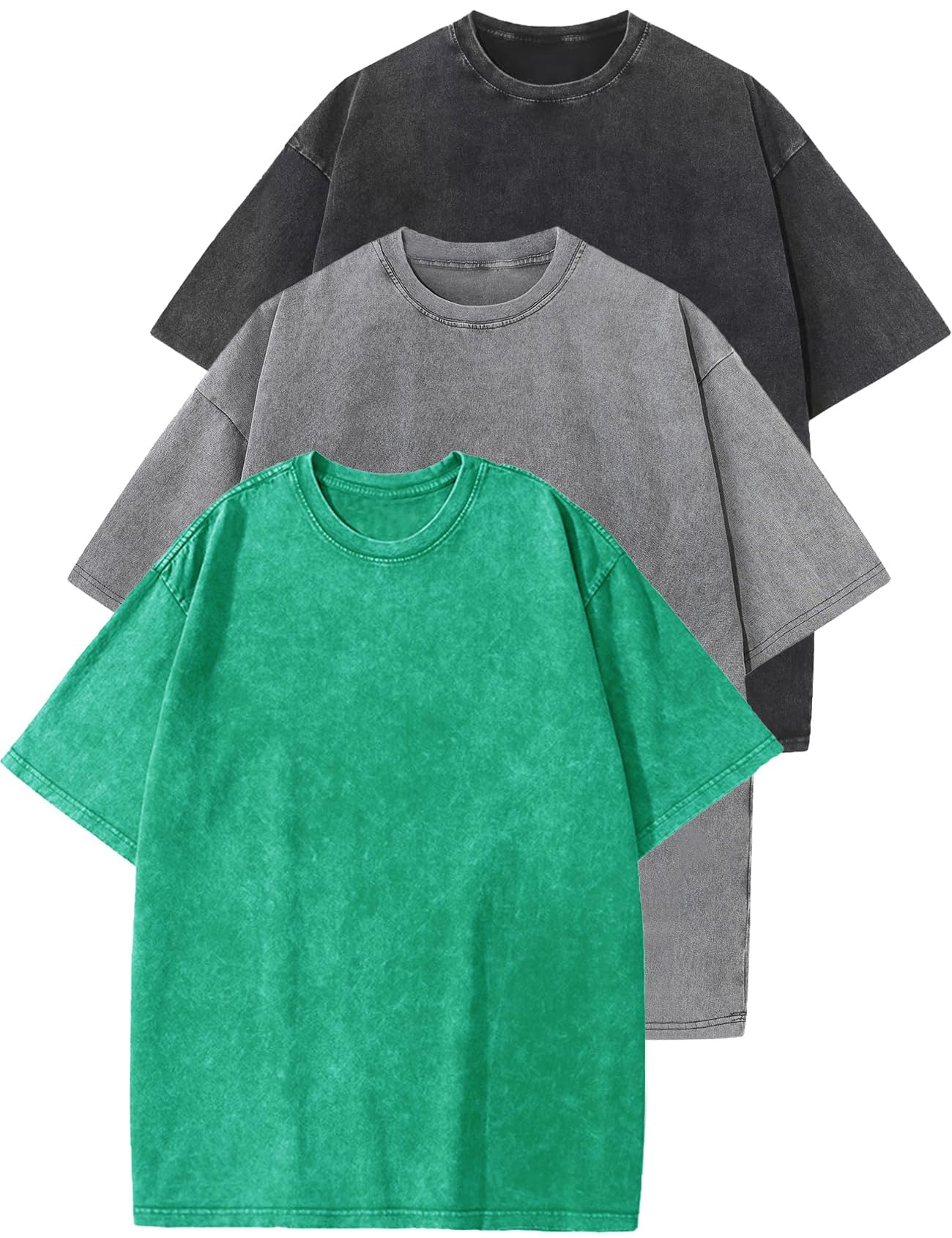 HOTFlygo 3 Pack Men Oversized T Shirts Acid Washed Unisex Tee Loose Fit Short Sleeve Casual Streetwear Baggy Basic Tops