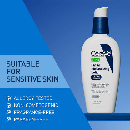 HOTCeraVe PM Facial Moisturizing Lotion, Night Cream with Hyaluronic Acid and Niacinamide, Ultra-Lightweight, Oil-Free Moisturizer for Face, 3 Ounce