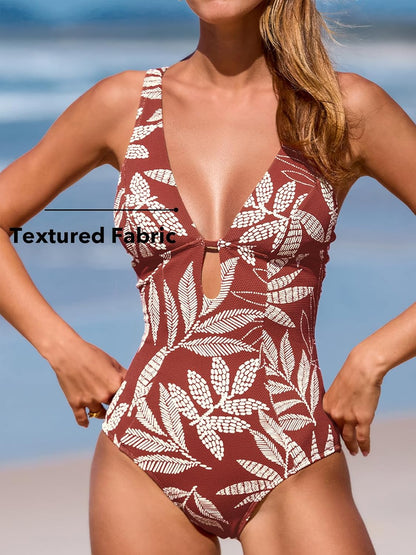 HOTCUPSHE Women's One Piece Swimsuit Deep V Bathing Suit Ring Back | Adjustable Straps, Removable Soft Cups, Open Back, O-Ring Detail, Textured Fabric, Keyhole Cutouts, Standard Coverage