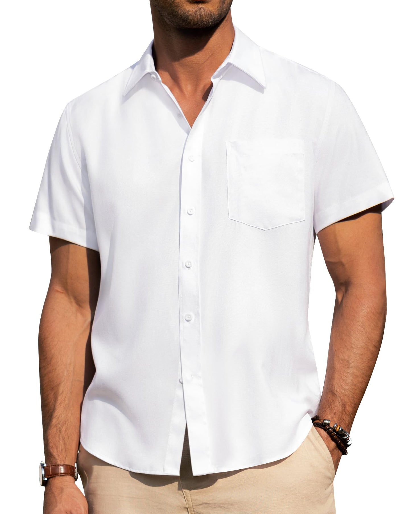 HOTAlimens & Gentle Mens Linen Shirts Short Sleeve Button Down Shirts Wrinkle Free Casual Vacation Beach Summer Tops