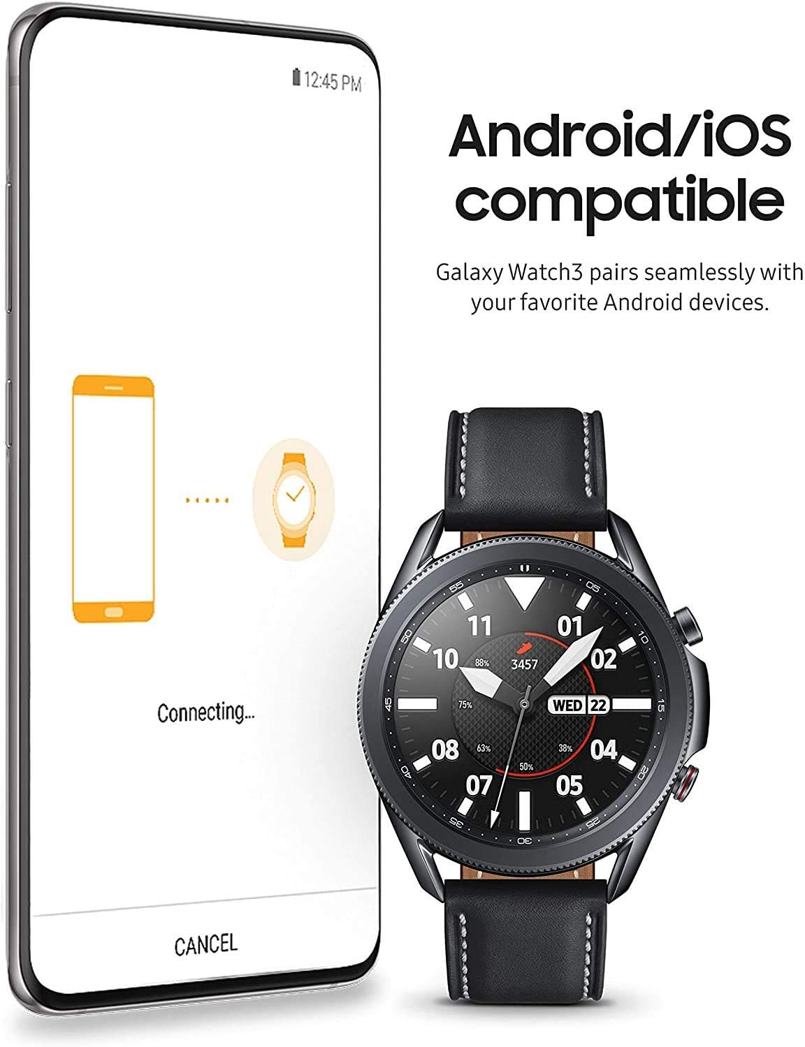 HOTSamsung Galaxy Watch 3 (45mm, GPS, Bluetooth) Smart Watch with Advanced Health Monitoring, Fitness Tracking, and Long Lasting Battery - Mystic Black (Renewed)