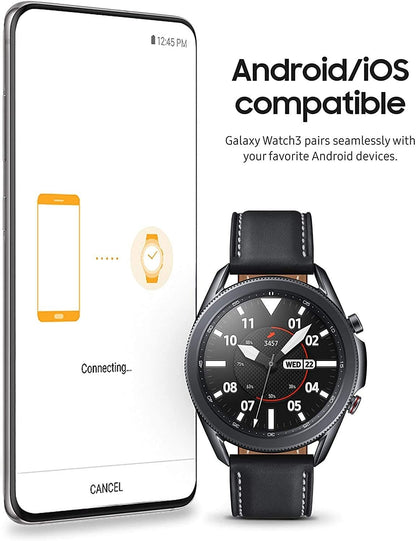 HOTSamsung Galaxy Watch 3 (45mm, GPS, Bluetooth) Smart Watch with Advanced Health Monitoring, Fitness Tracking, and Long Lasting Battery - Mystic Black (Renewed)