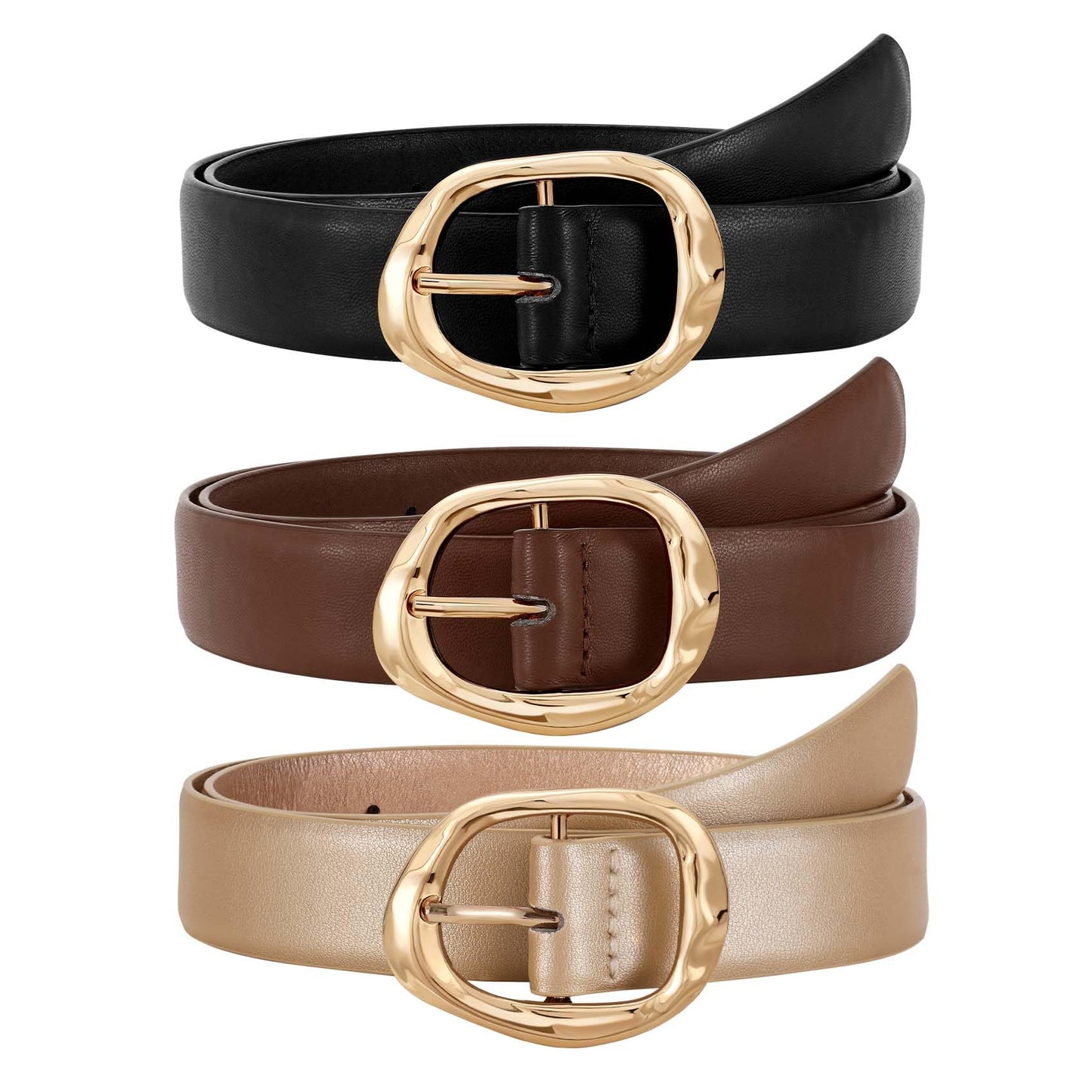 HOTJASGOOD 3 Pack Women Belts for Jeans Pants Ladies Leather Waist Belt Casual Fashion Trend Belt for Women with Gold Buckle
