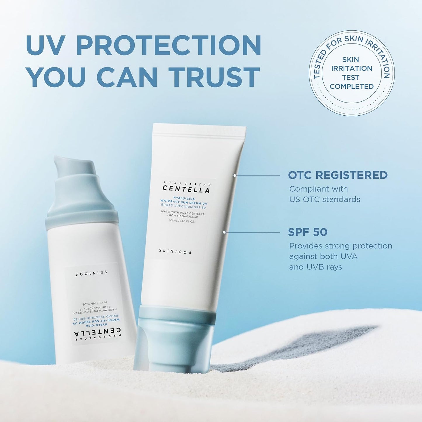 HOTSKIN1004 Centella Hyalu-Cica Water-Fit Sun Serum UV, Korean Sunscreen SPF 50, Centella Sunscreen, Travel Essentials, Sunscreen with Hyaluronic Acid, No White Cast, Korean Skin Care, 1.69 fl.oz / 50ml