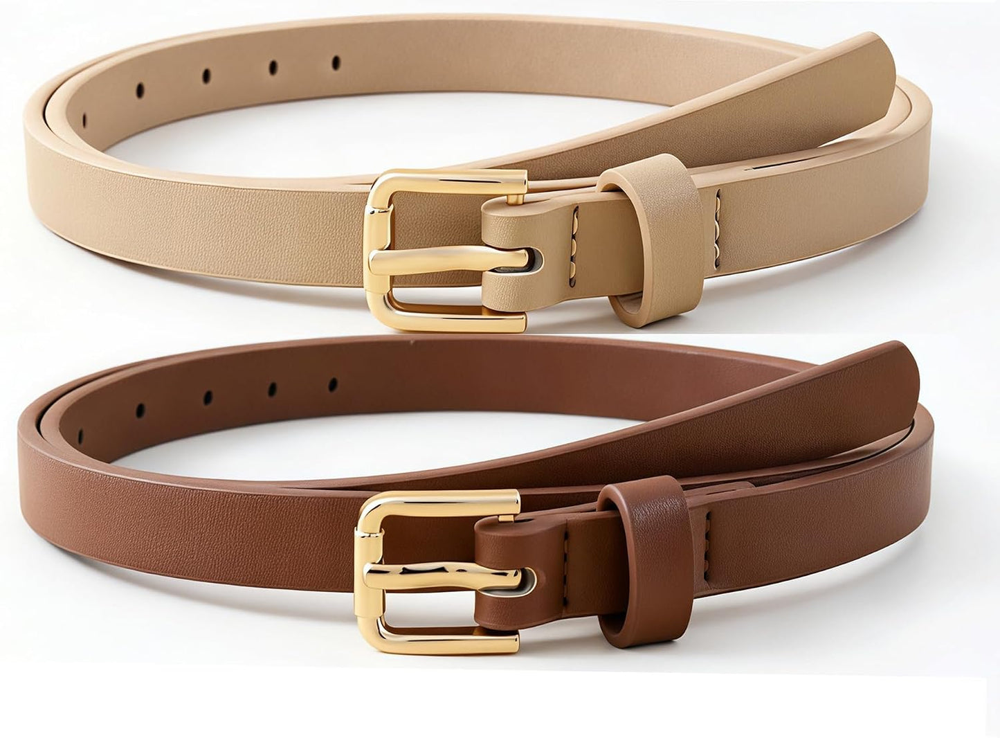 HOTHOTWILL 4 Pack Women Skinny Belts for Jeans Dress Thin Waist Belt | 0.55 in Wide, Black Beige Brown White Faux Leather, Gold Silver Buckle, Fashion Casual Style, Daily Outfits Accessories