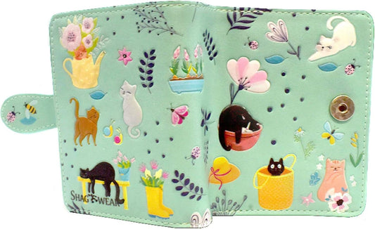 HOTShag Wear Cats in the Garden Small Animal Wallet for Women and Teen Girls Vegan Faux Leather 4.5" Teal