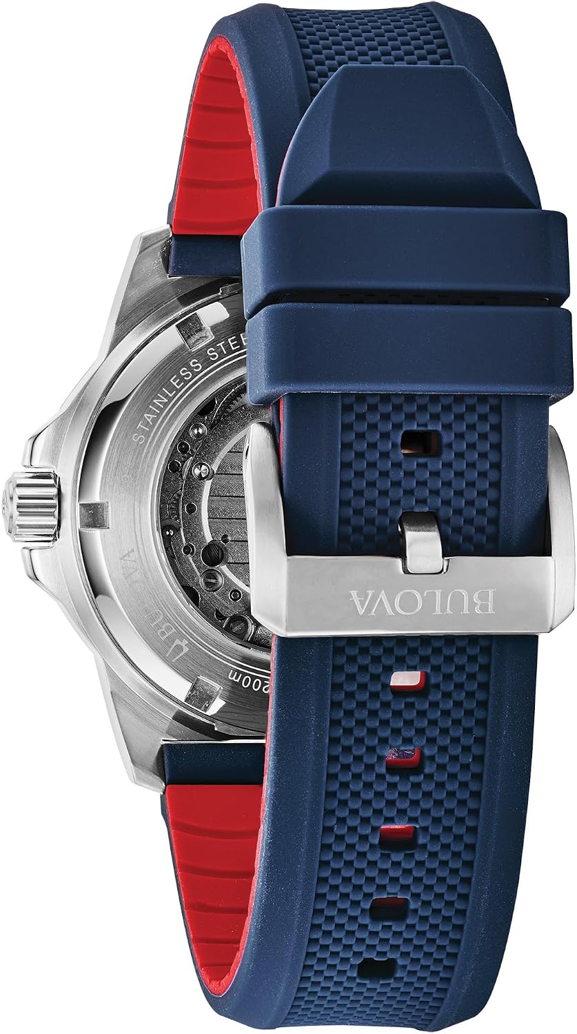 HOTBulova Men's Marine Star 'Series A' Automatic Stainless Steel Case with Blue Textured Silicone Strap, Open Aperture, Silver White Dial Model: 98A225