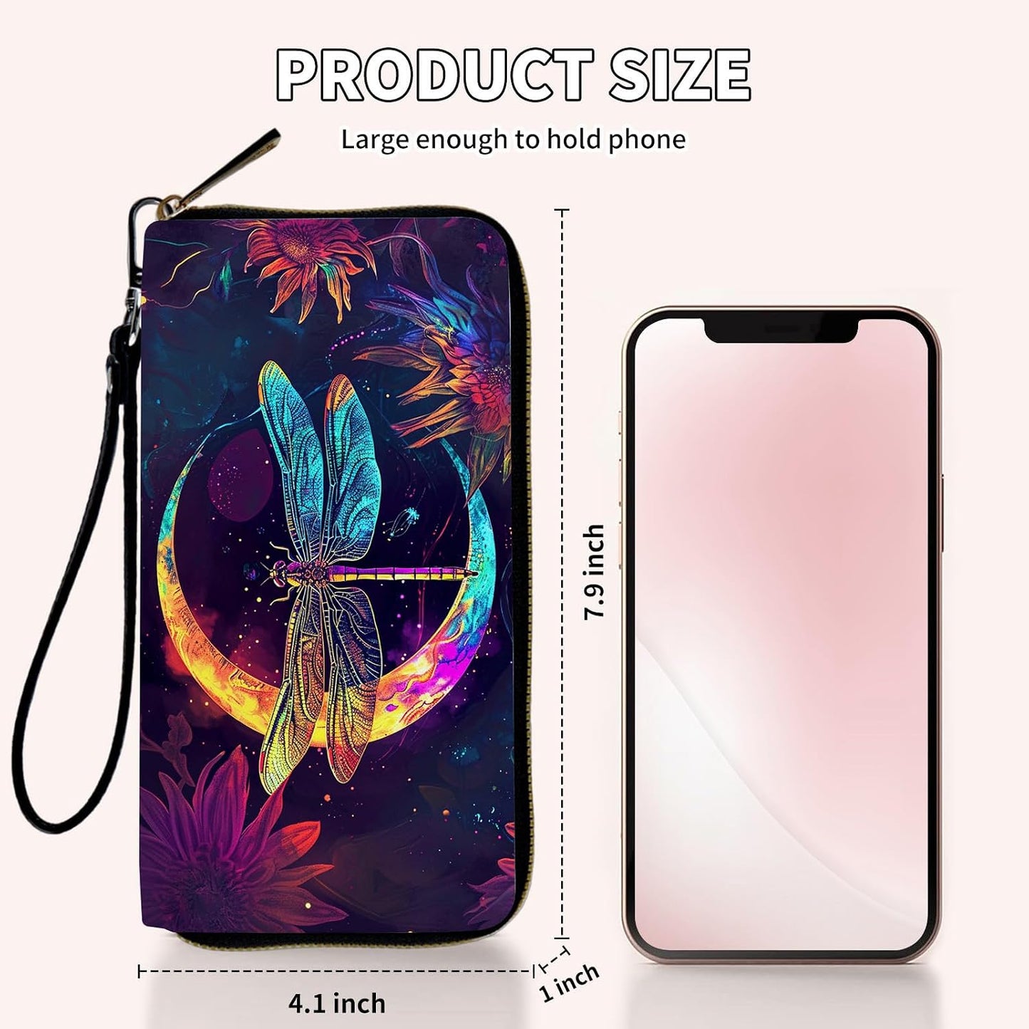 HOTLadies Wallet,Clutch Purses for Women Wallets Leather Credit Card Holder for Women Wristlet Slim Small Cute with Zipper,Thin RFID Blocking with Wrist Strap,Glitter Dragonfly Moon