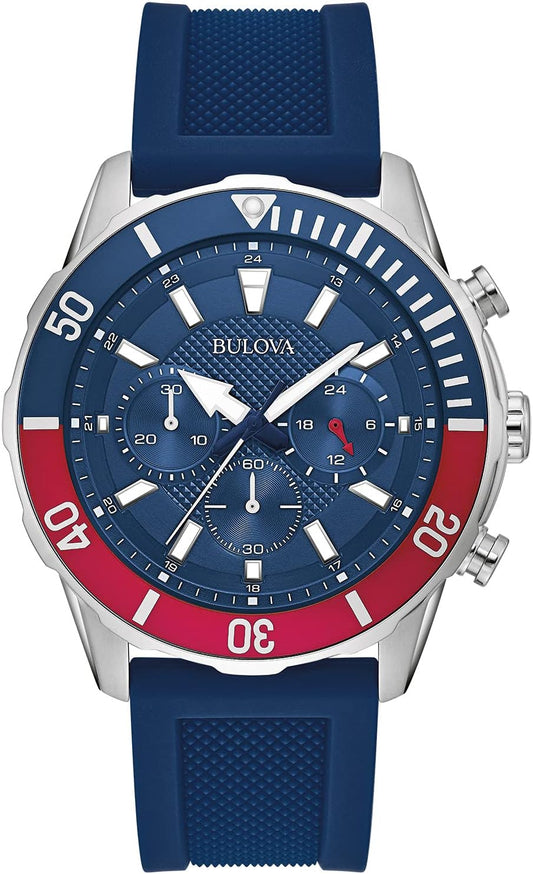 HOTBulova Men's Sport 6-Hand Chronograph Quartz Watch with Silicone Strap, 24 Hour Time, Calendar Date, Luminous Hands and Markers, 100M Water Resistant, 44mm Style: 98A288
