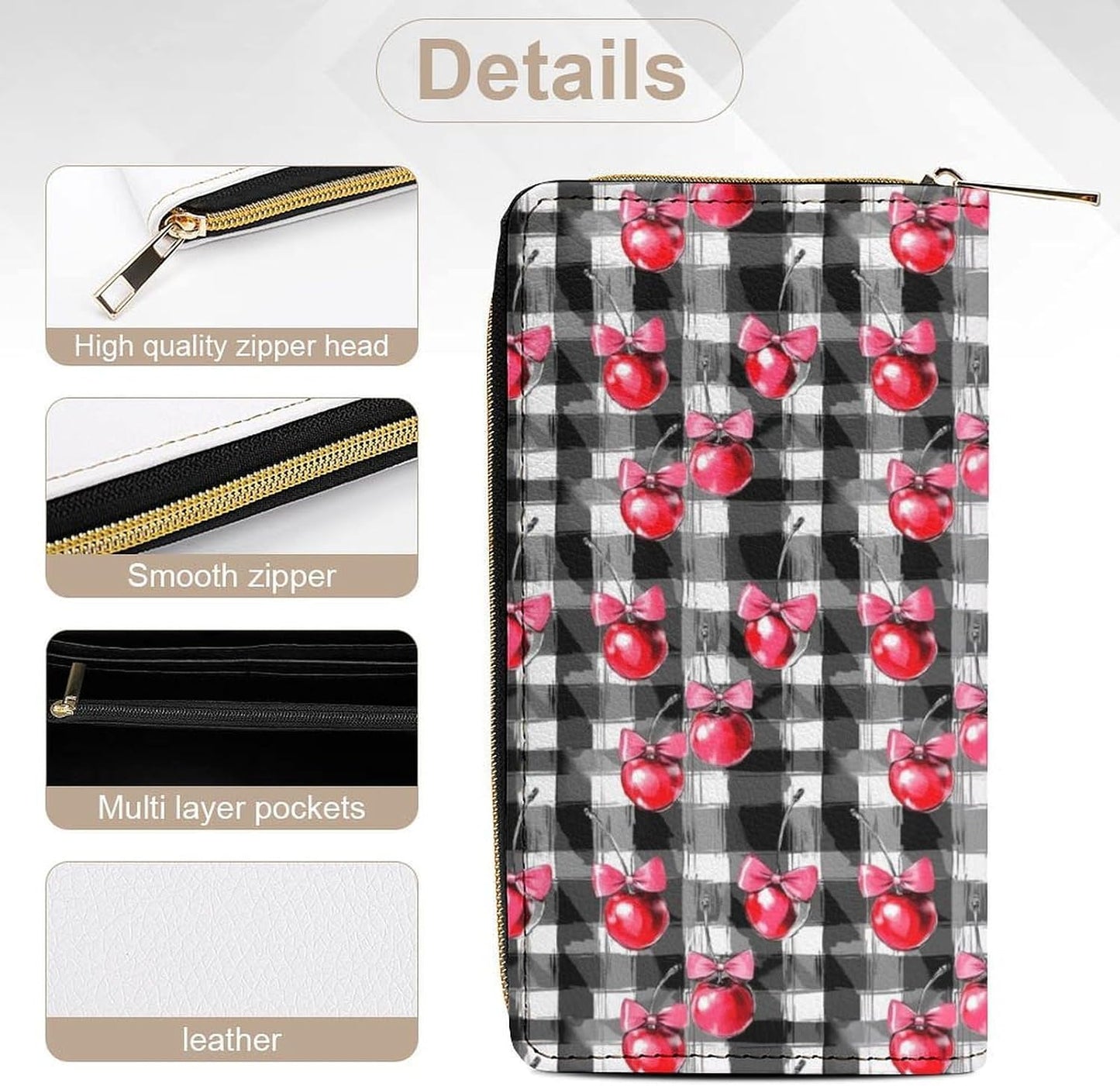 HOTCherry Bow Coquette Checkered Long Wallet Leather Hand Wallets Zipper Travel Credit Card Holder Clutch Wallet 7.8X4.1 Inch