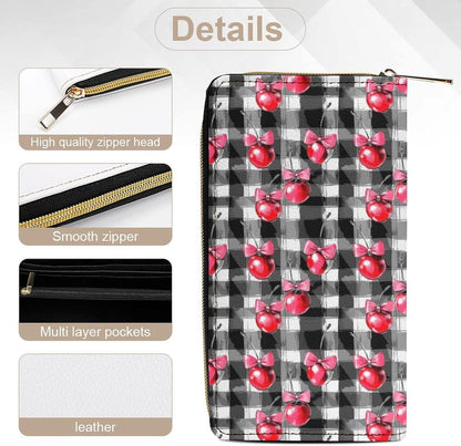 HOTCherry Bow Coquette Checkered Long Wallet Leather Hand Wallets Zipper Travel Credit Card Holder Clutch Wallet 7.8X4.1 Inch