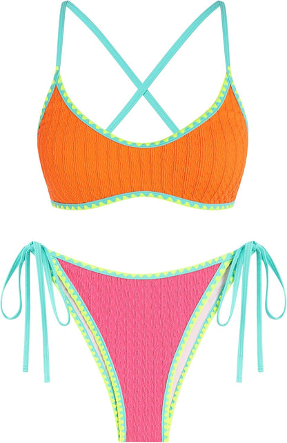 HOTZAFUL Women's Tie Back Padded High Cut Bralette Bikini Set Two Piece Swimsuit