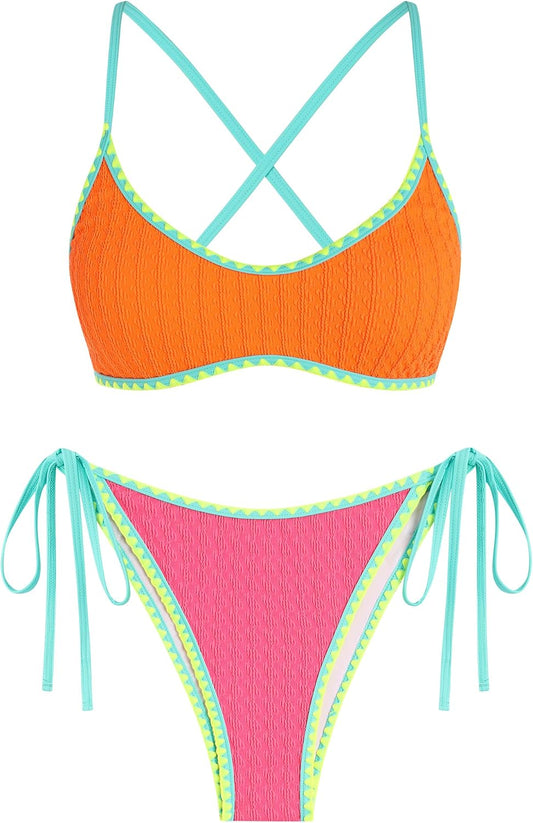 HOTZAFUL Women's Tie Back Padded High Cut Bralette Bikini Set Two Piece Swimsuit