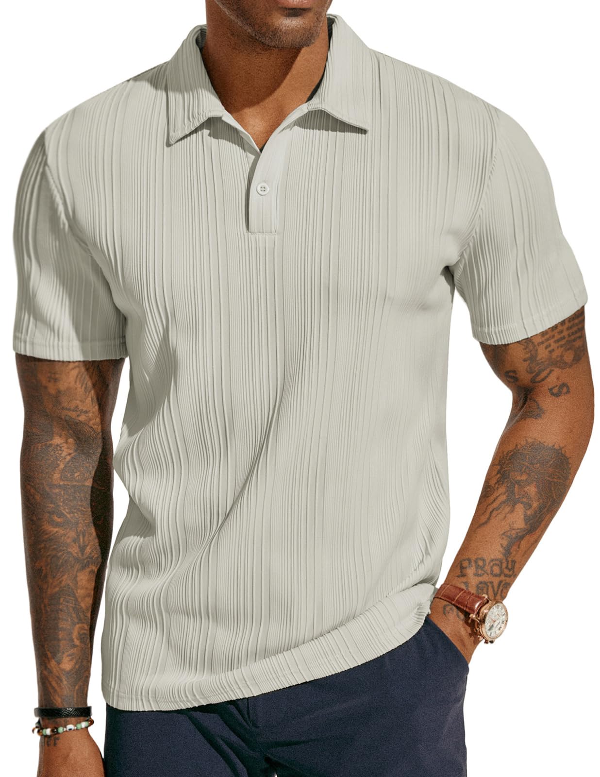 HOTPJ PAUL JONES Mens Polo Shirts Textured Knit Polo Stretchy Regular Fit Collared Golf Shirts