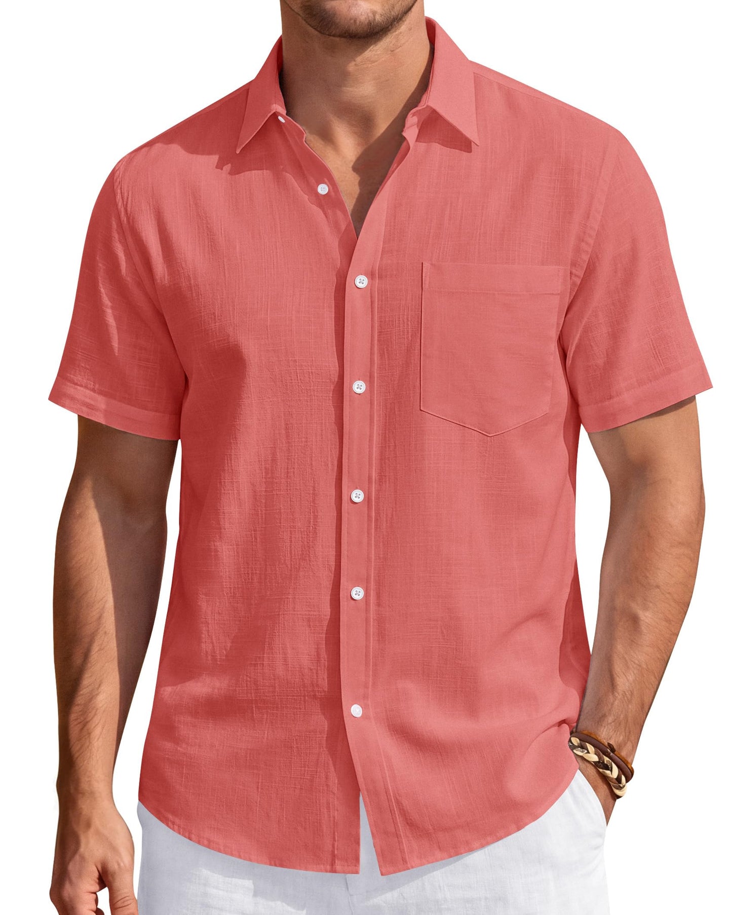 HOTJ.VER Mens Linen Shirt Short Sleeve Button Down Casual Summer Shirts | Cotton Linen, Untucked, Big Tall, from Beach Camp Vacation, Cruise Fishing, Work Office, to Wedding Party Family, with Pocket