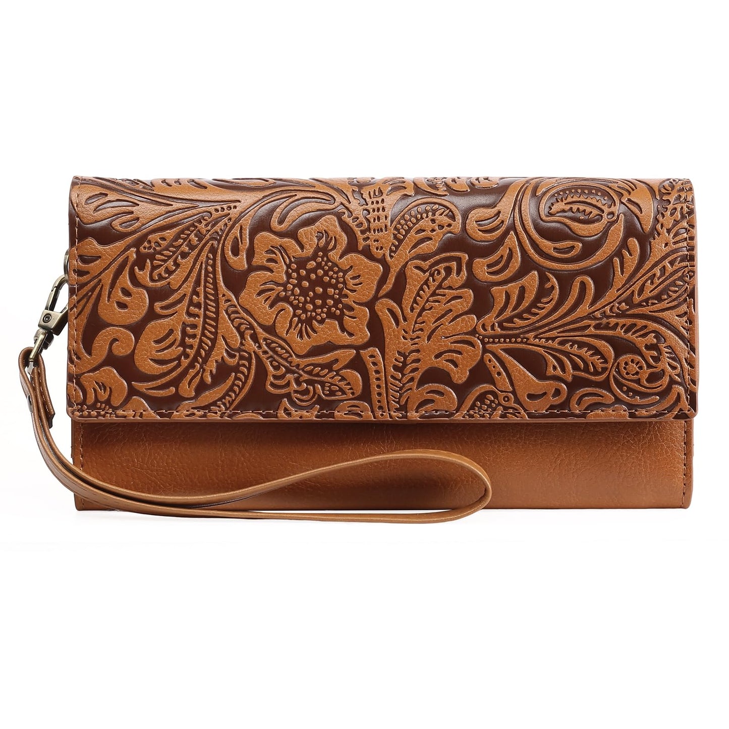HOTGOIACII Leather Wallets for Women RFID Blocking Western Clutch Brown | Embossed Design, Trifold, Large Billfolds, Vintage Flower, Ladies Purses with Zipper Coin Pocket