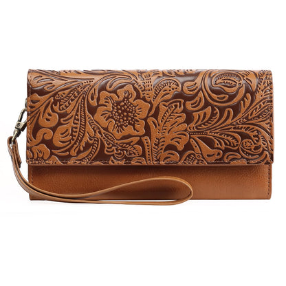 HOTGOIACII Leather Wallets for Women RFID Blocking Western Clutch Brown | Embossed Design, Trifold, Large Billfolds, Vintage Flower, Ladies Purses with Zipper Coin Pocket
