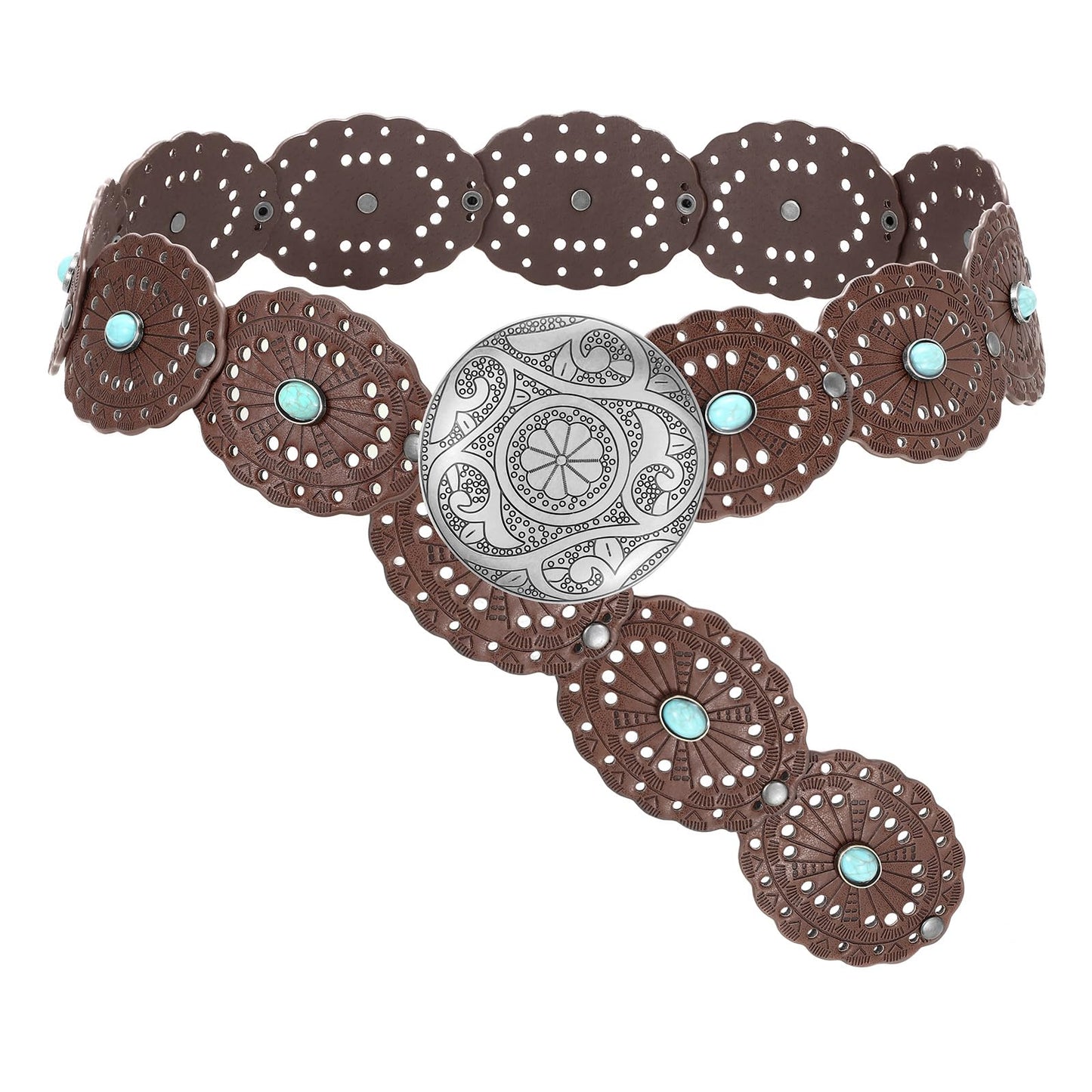 HOTSUOSDEY Wide Western Disc Belt with Turquoise Women Cowgirl Cowboy Boho Country Leather Belts for Jeans Dress, Width 2.36"