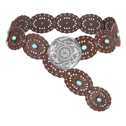 HOTSUOSDEY Wide Western Disc Belt with Turquoise Women Cowgirl Cowboy Boho Country Leather Belts for Jeans Dress, Width 2.36"