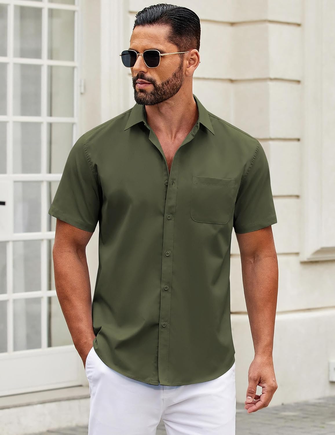 HOTCOOFANDY Mens Short Sleeve Casual Button Down Shirts Summer Untucked Dress Shirts with Pocket