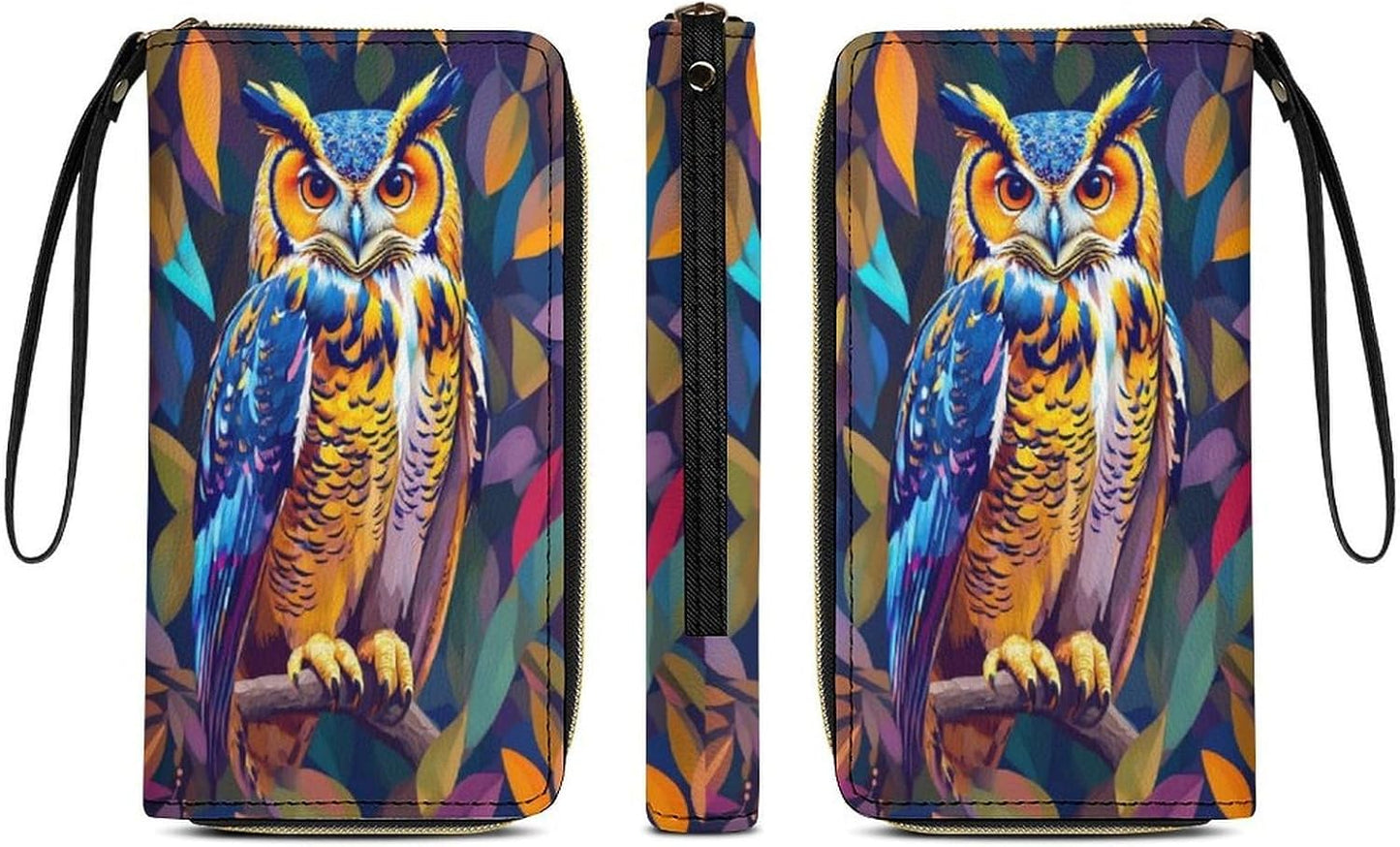 HOTColorful Owl Women's Wallet Wristlet Zipper Purse with Hand Strap Travel Credit Card Holder for Daily Use Gifts