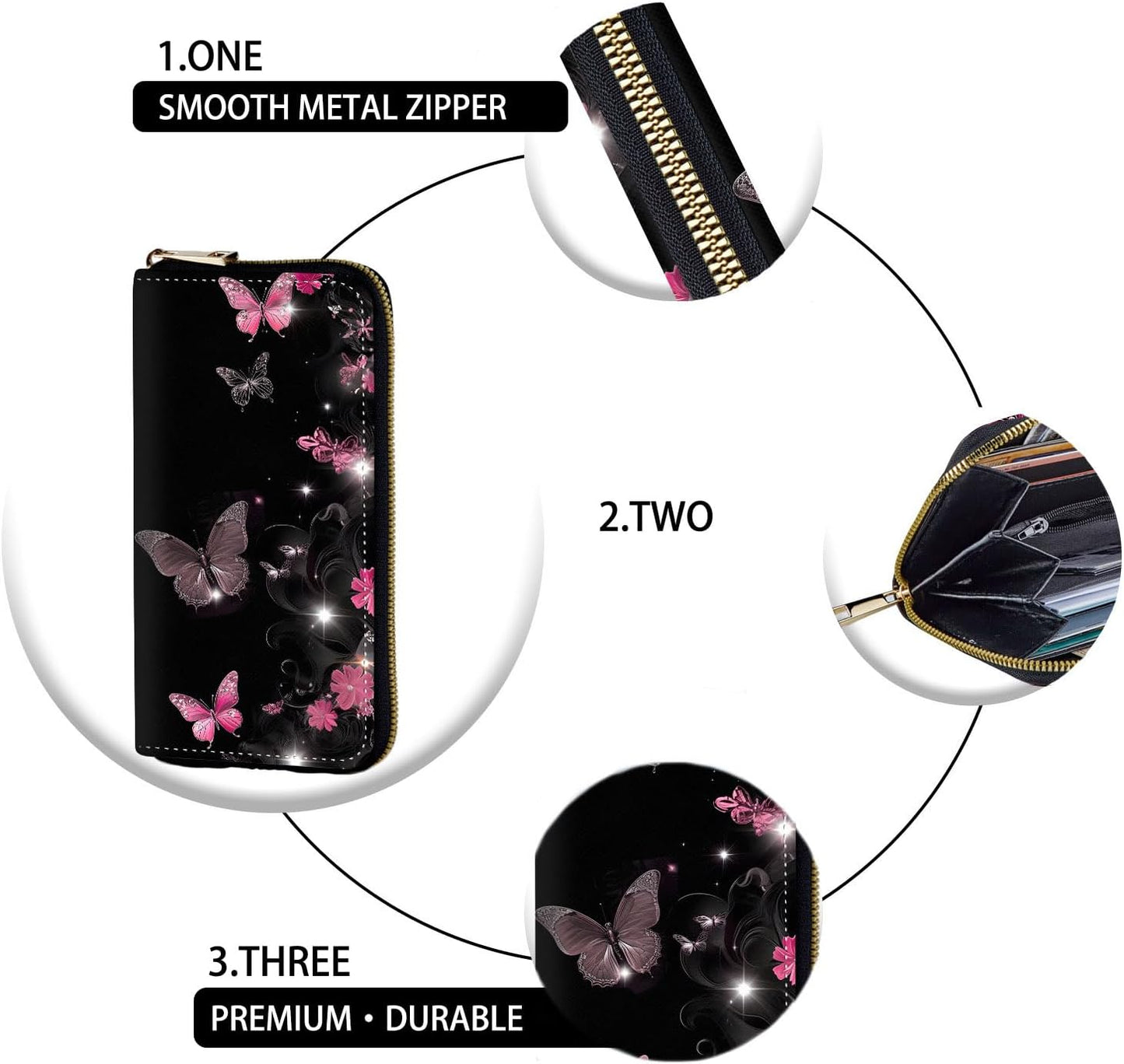 HOTWomen's RFID Blocking Zip Around Wallet with Detachable Wrist Strap, Large Capacity Credit Card Holder Organizer for Everyday Use,Butterflies Flower