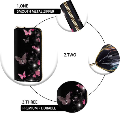 HOTWomen's RFID Blocking Zip Around Wallet with Detachable Wrist Strap, Large Capacity Credit Card Holder Organizer for Everyday Use,Butterflies Flower