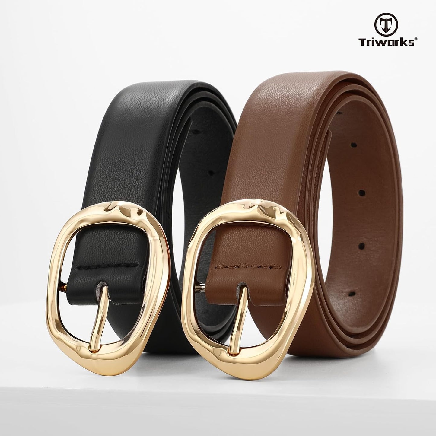 HOTTRIWORKS 2 Pack Leather Belts for Women Fashion Waist Belt with Liquid Shapes Women Belt for Jeans Pants Dresses