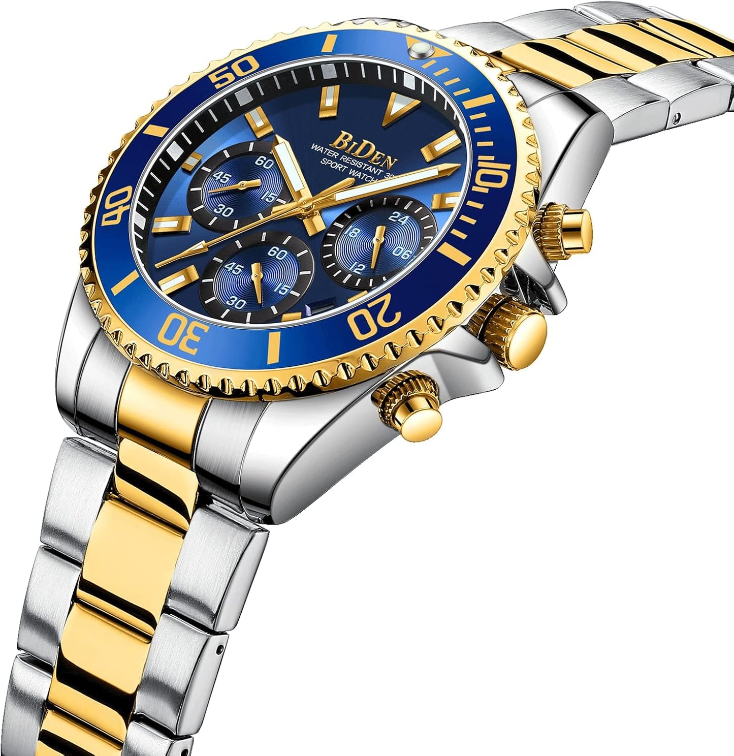 HOTBIDEN Mens Watches Chronograph Gold Blue Stainless Steel Waterproof Date Analog Quartz Watch Business Casual Fashion Wrist Watches for Men