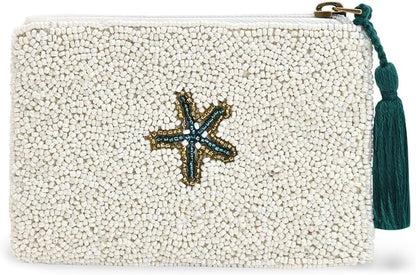 HOTAmerica & Beyond Coastal Shell Beaded Pouch, White, Starfish and Seashell Design, Tassel Zipper, 5 x 3.5 Inches