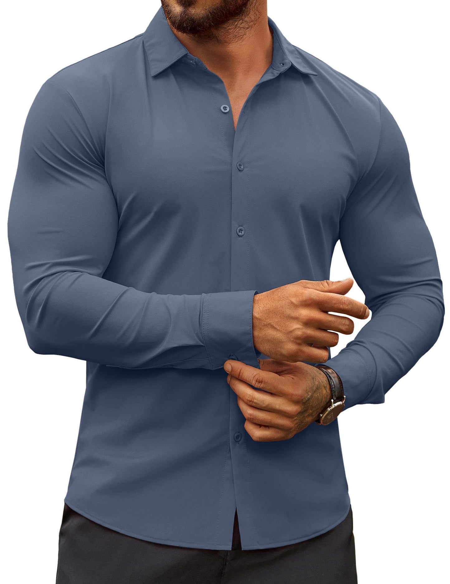 HOTCOOFANDY Men's Muscle Fit Dress Shirts Wrinkle-Free Long Sleeve Casual Button Down Shirts