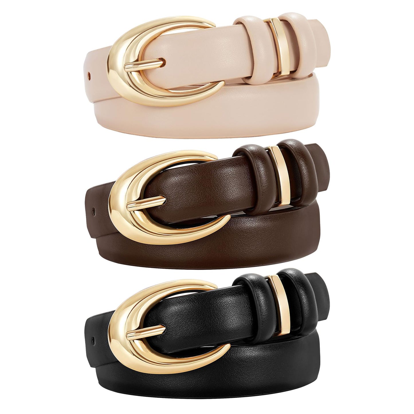 HOTTRIWORKS 3 Pack Women Leather Belt for Jeans Pants Fashion Ladies Faux Leather Belt with Gold Buckle