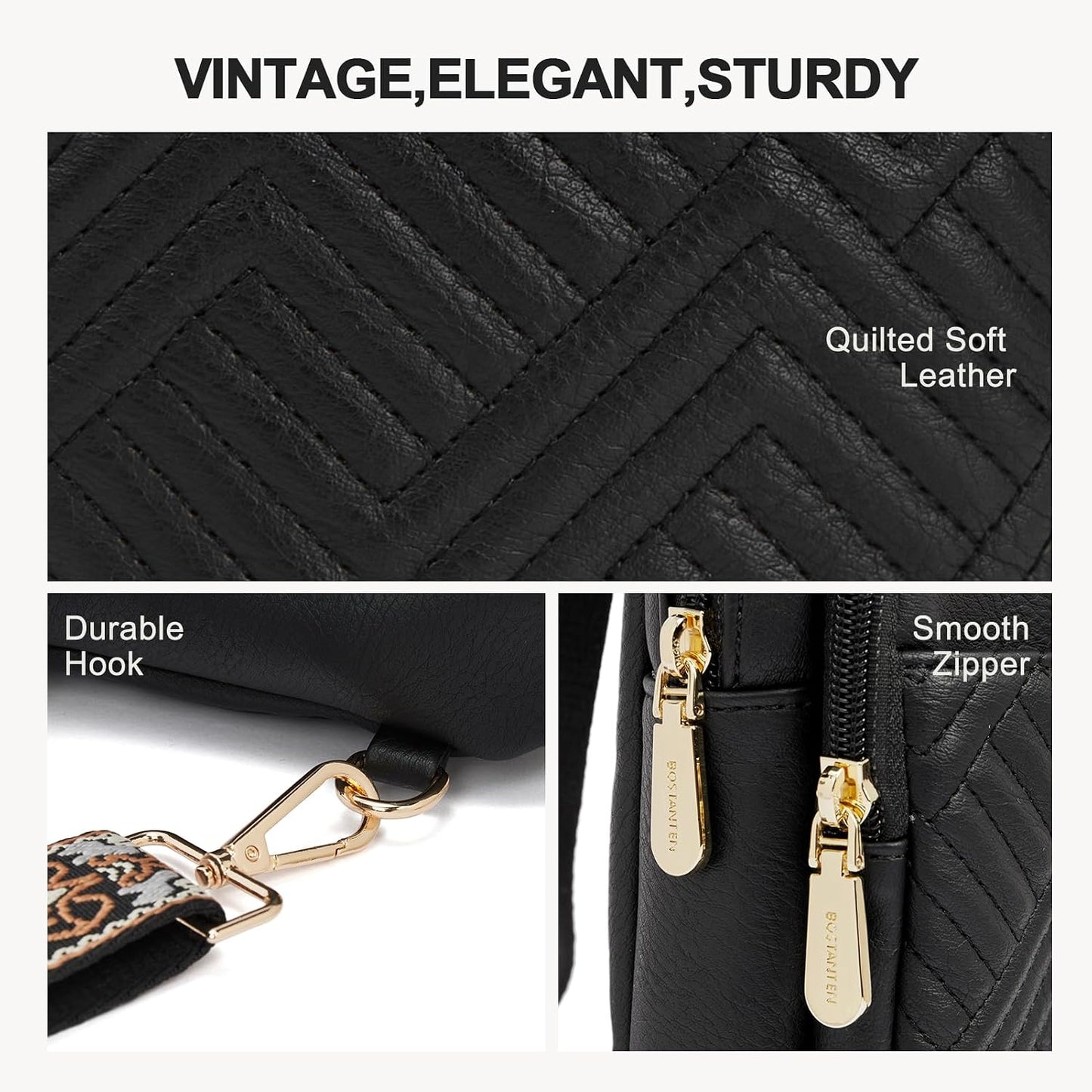 HOTBOSTANTEN Sling Bag Quilted Crossbody Bags for Women Cross Body Purse Leather Fanny Pack with Adjustable Guitar Strap