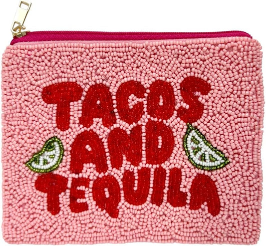 HOTBeaded Coin Purse Change Zipper Pouch Wallet Tacos & Tequila | Handmade Beadwork, Compact Organizer, Cash Holder, Card Storage, Makeup Pouch, Giftable Accessory, Everyday Carry
